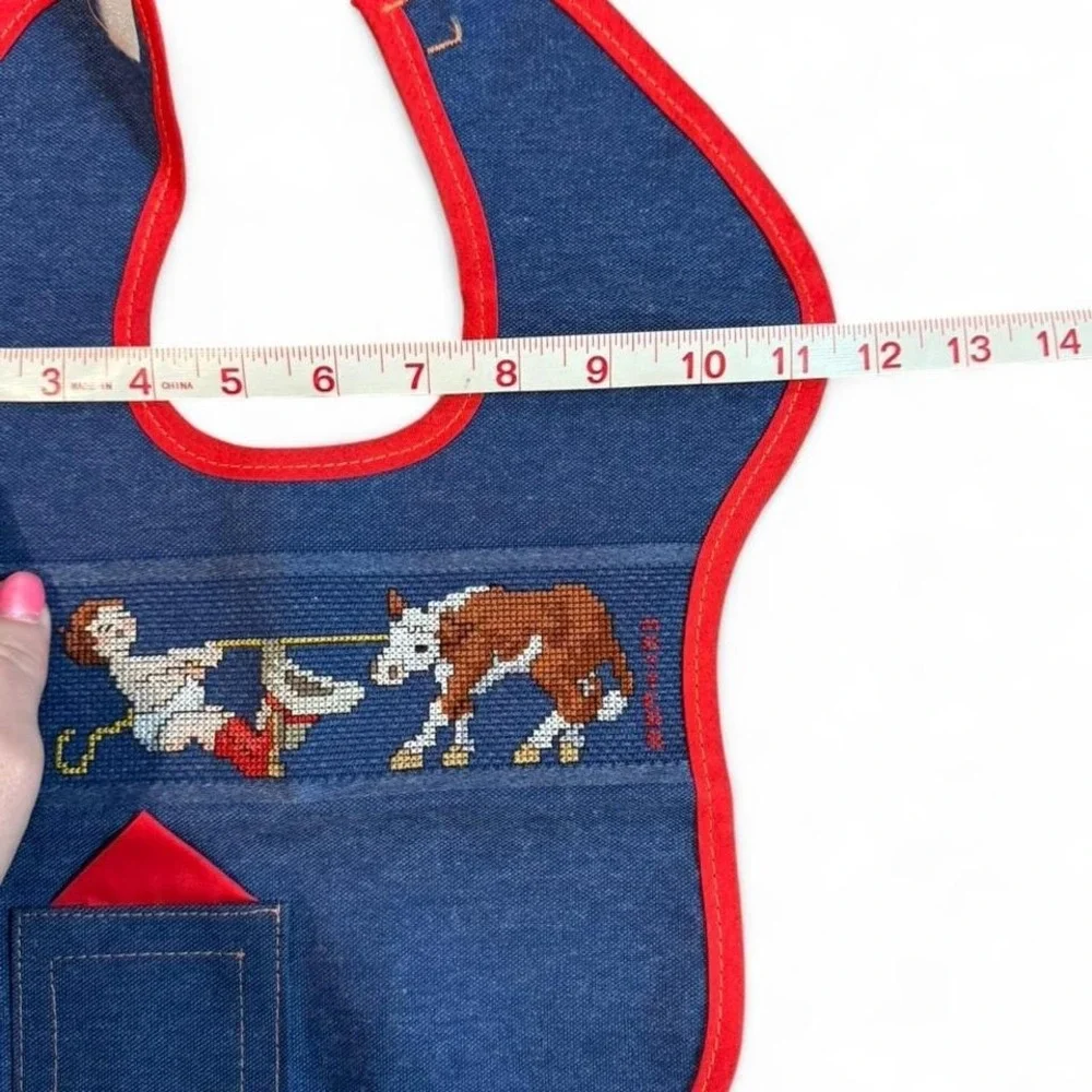 vintage Charles Craft denim cross-stitch baby‎ bib featuring a cowboy and calf